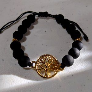 Gold Plated Metal Tree of Life Bracelet with Matte Black Beads